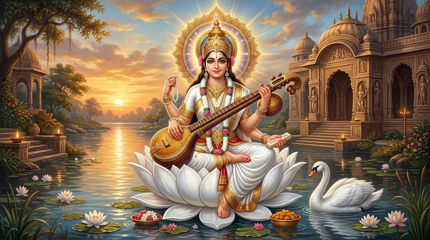 माँ सरस्वती अवतरण एवं विद्या प्राकट्य कथा — वीणा वादन और वसंत पंचमी